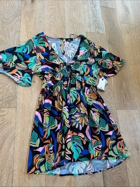 NWT Rip Curl Sunset Luau Black Colorful Mini Dress Flutter Sleeve Size XL